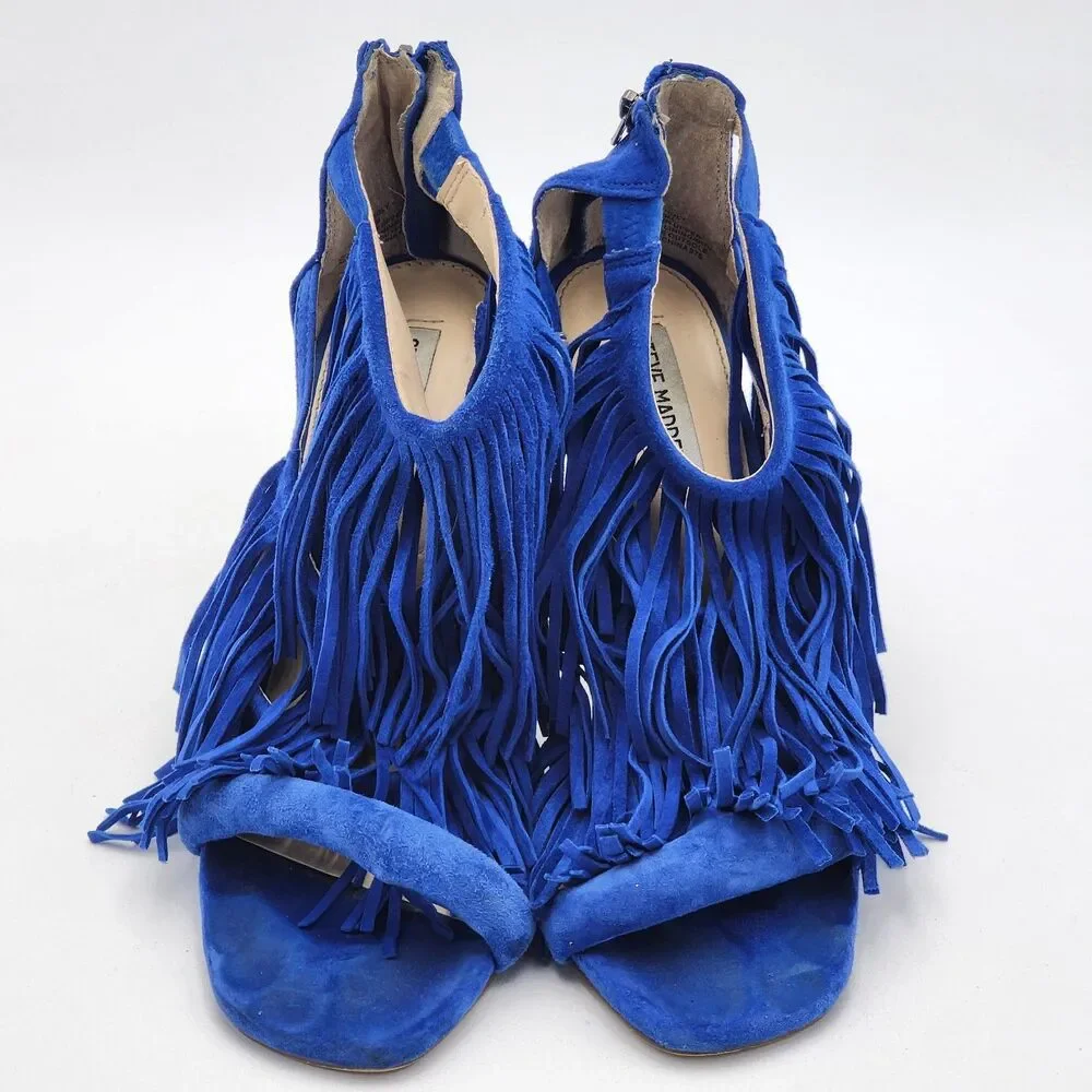 Steve Madden Fringly Funky Fringe Suede Pump Heels Boho Glam Royal Blue Size 9